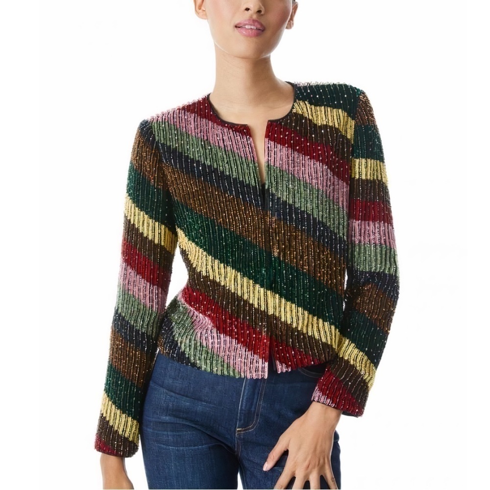 NWT Alice + Olivia Sequin Silk Rainbow-Striped Kidman Cropped Jacket